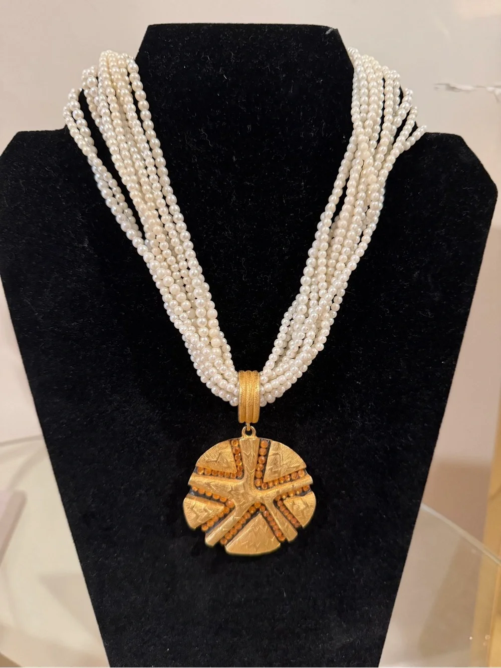 Vintage Gem Craft Multi-Strand Pearl Necklace with Gold Textured Disc Pendant